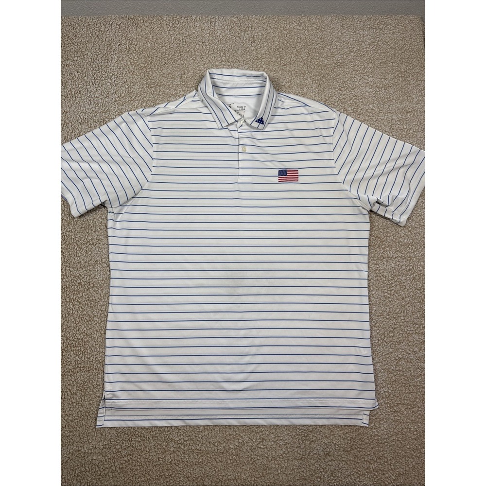F&G Tech Polo Shirt Mens XL White Blue Stripe USA Flag Golf Stretch Performance